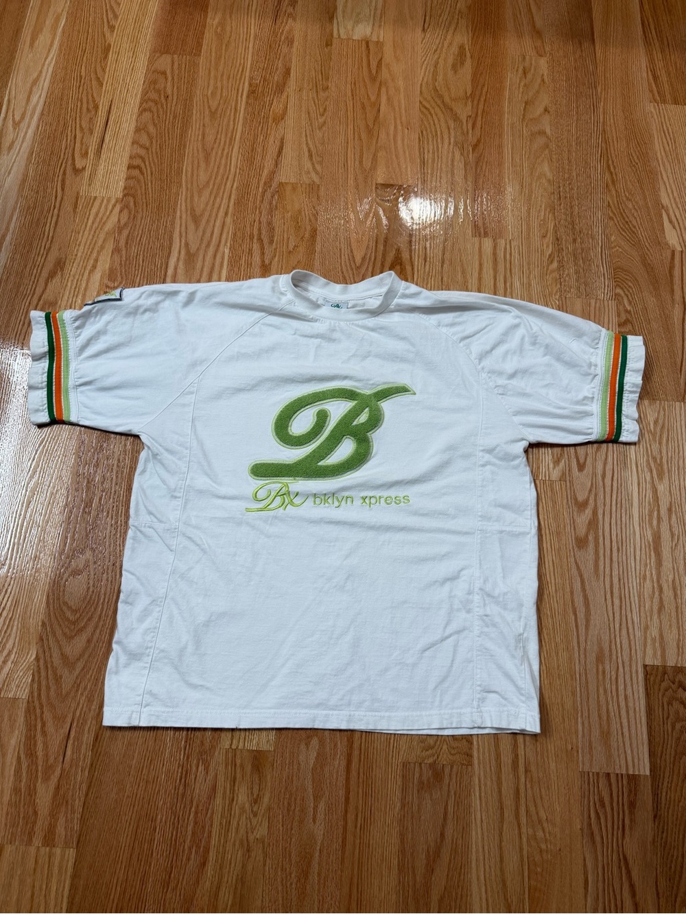 Bklyn Xpress Mens XL Graphic Logo T-Shirt White Crew Neck Short Sleeve Lime Vtg